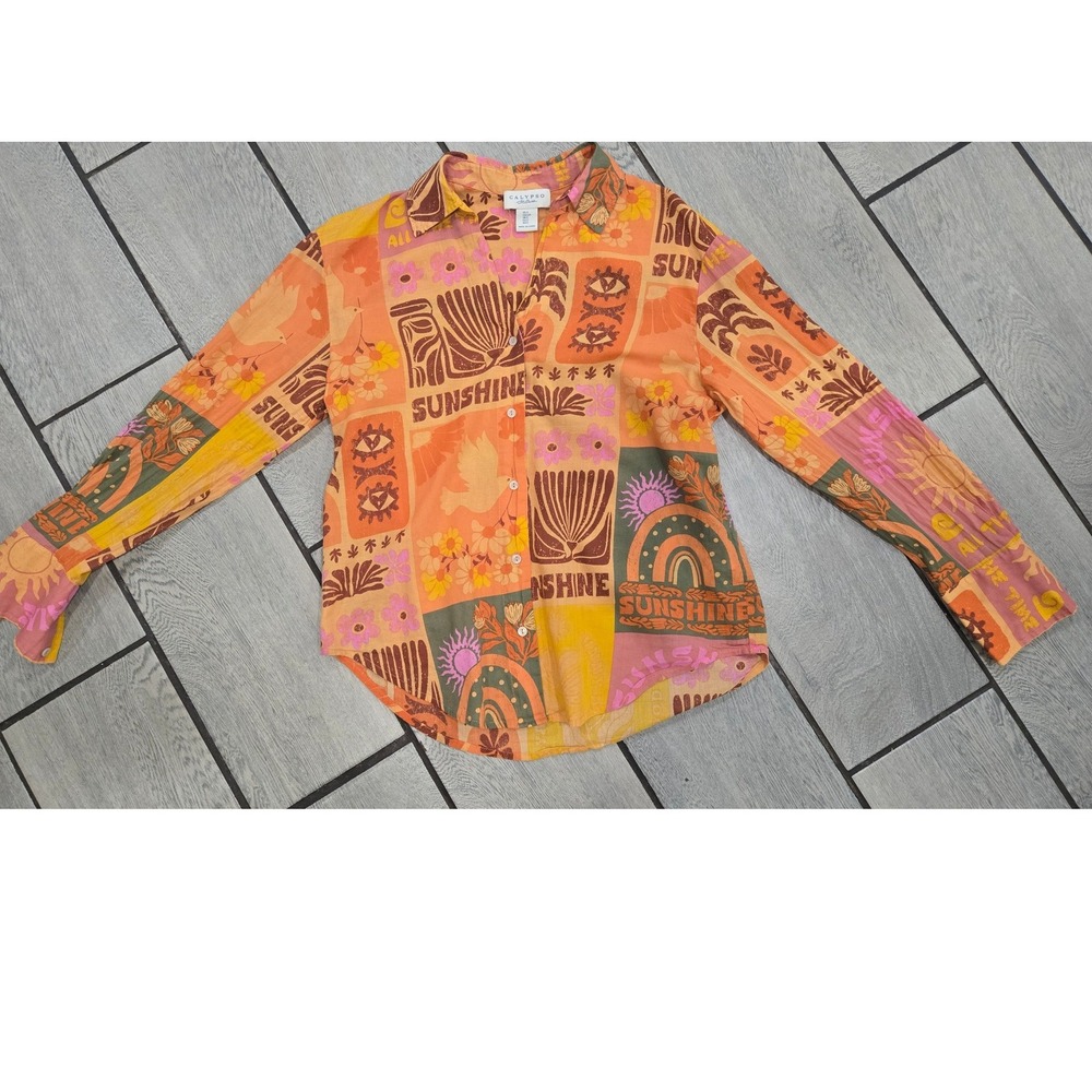 Calypso St Barth Womens Small Sunshine Patchwork Button Down Shirt Boho Orange